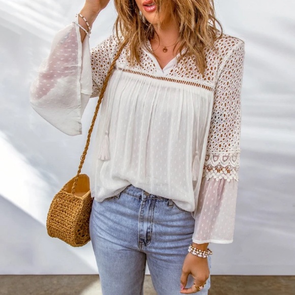 New Women's Boutique White Lace Chiffon Long Sleeve Ethereal Boho Blouse Top - Picture 3 of 9